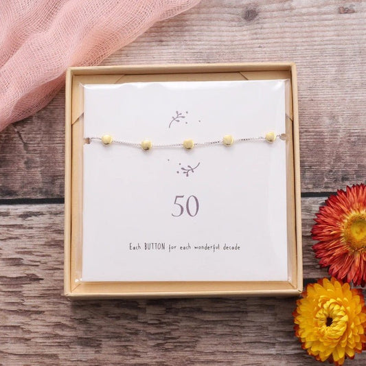 50th Birthday Button Gold Sterling Silver Bracelet On Card - Bumble Living