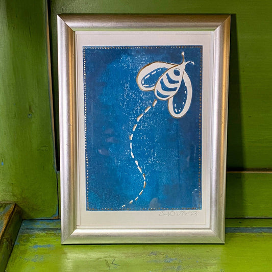 Buzzing Bee Flying Away Blue Lino Print - Bumble Living