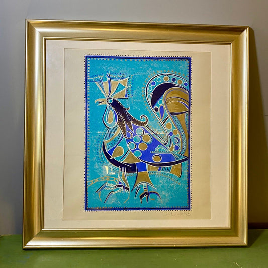 Chicken Blue tone Abstract Lino Print - Bumble Living