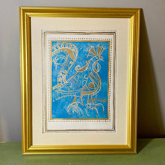 Chicken Golden Royal Blue Abstract Lino Print - Bumble Living