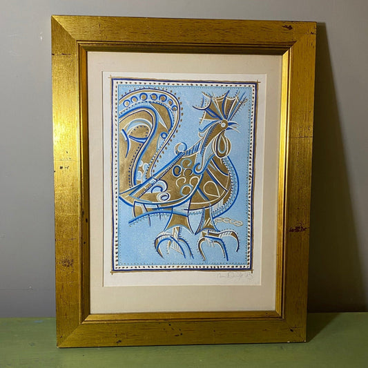 Chicken Golden Sky Blue Abstract Lino Print - Bumble Living