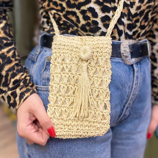 Mini Beige Crochet Tassle Crossbody Bag - Bumble Living