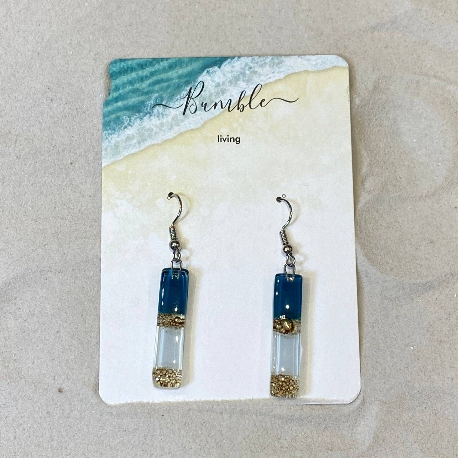 Turquoise, White & Sand Long Bar Glass Drop Earrings - Bumble Living