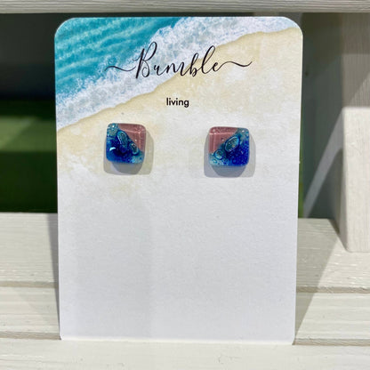 Blue and Pink Square Glass Large Earrings - Bumble Living