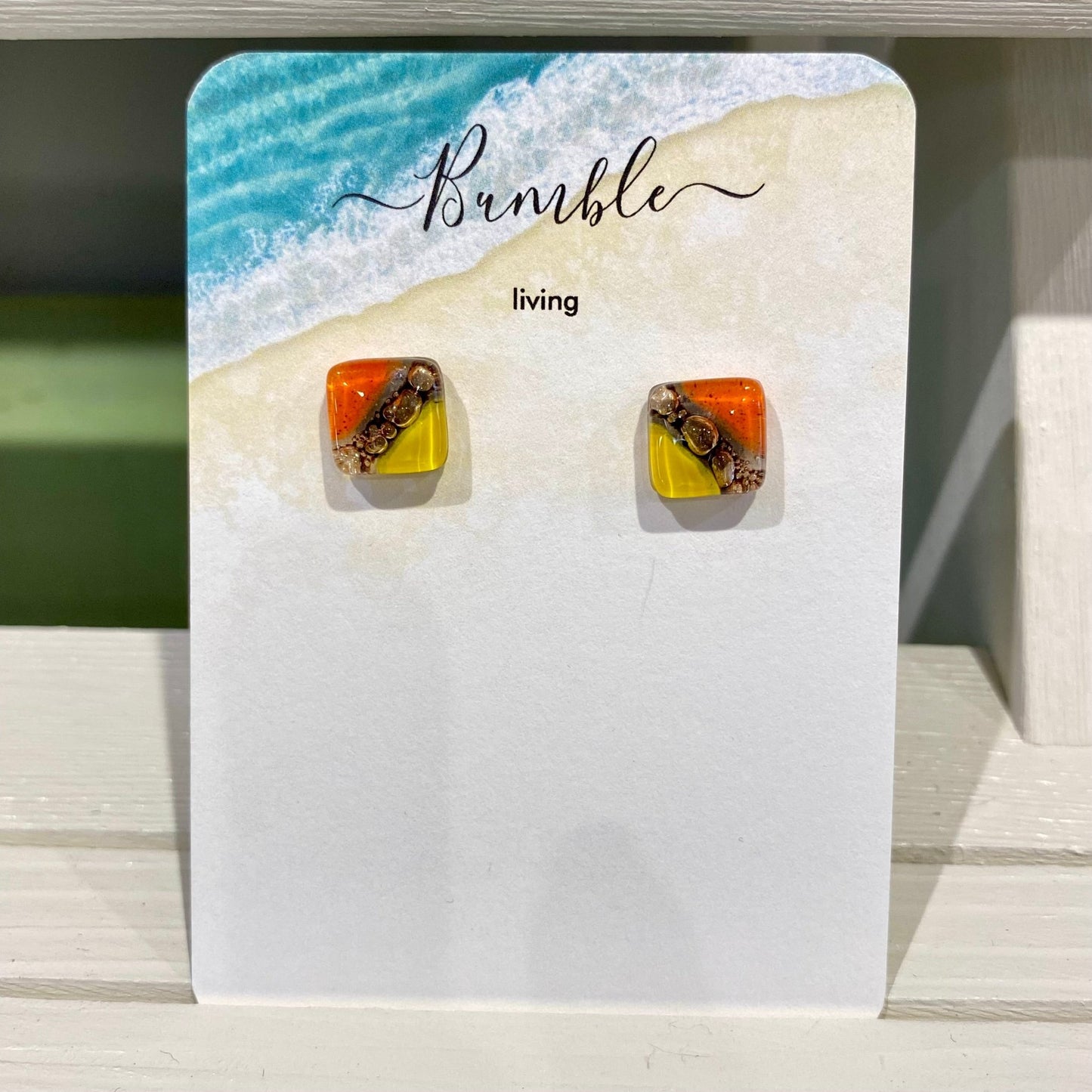 Yellow and Orange Square Glass Large Earrings - Bumble Living